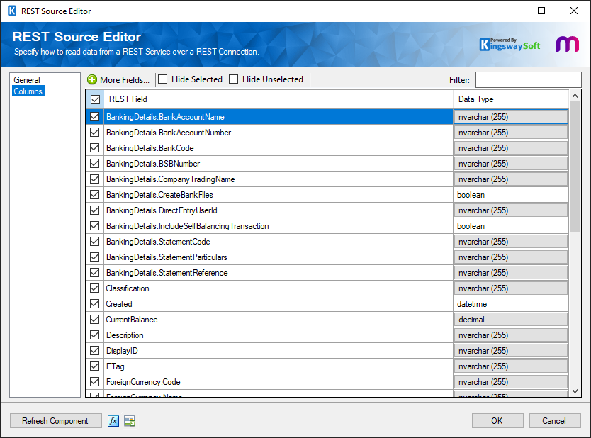 SSIS MYOB REST Source - Columns