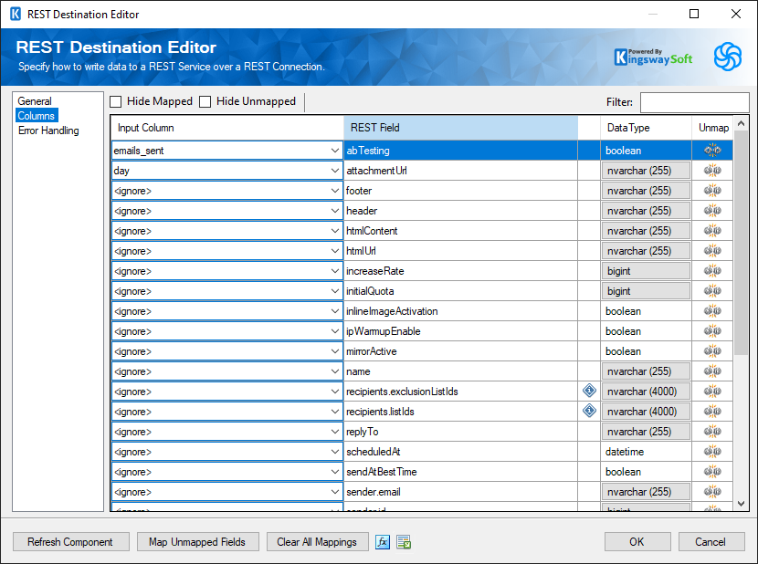 Sendinblue Destination Component - Columns