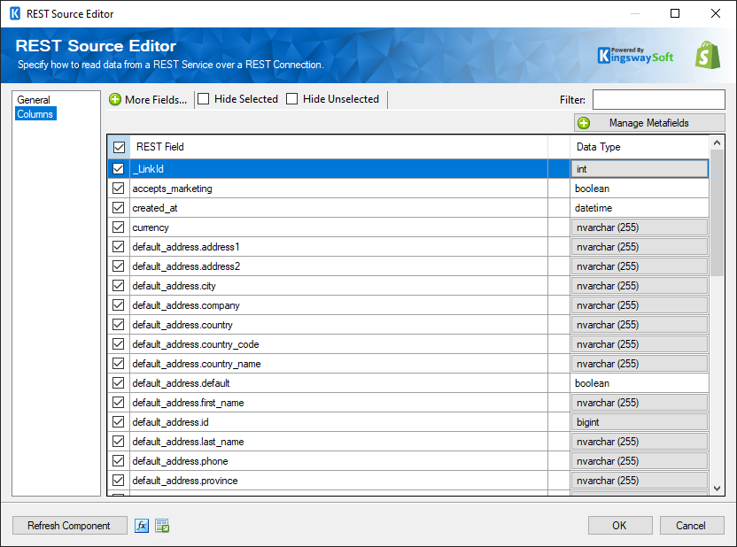 SSIS Shopify REST Source - Columns