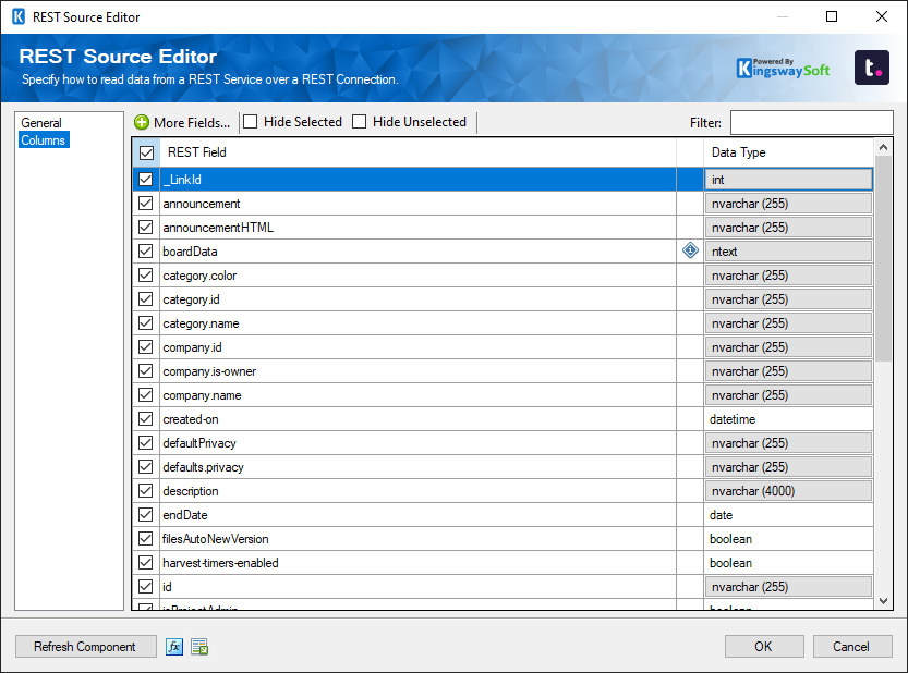 SSIS Teamwork REST Source - Columns