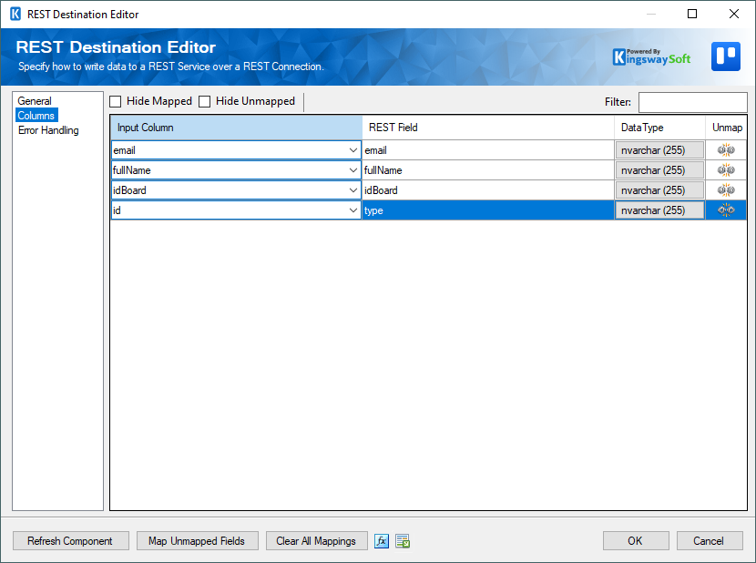 SSIS Trello REST Destination - Columns