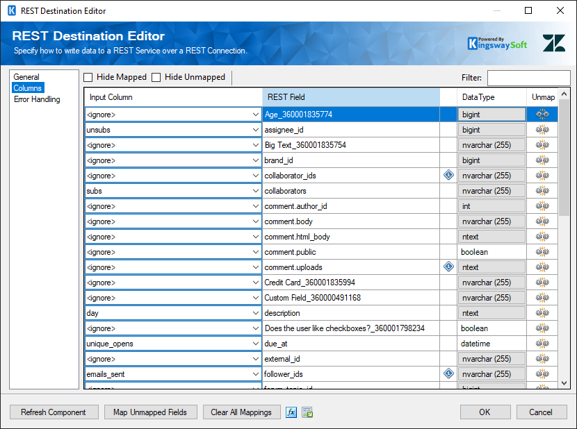 SSIS Zendesk REST Destination - Columns