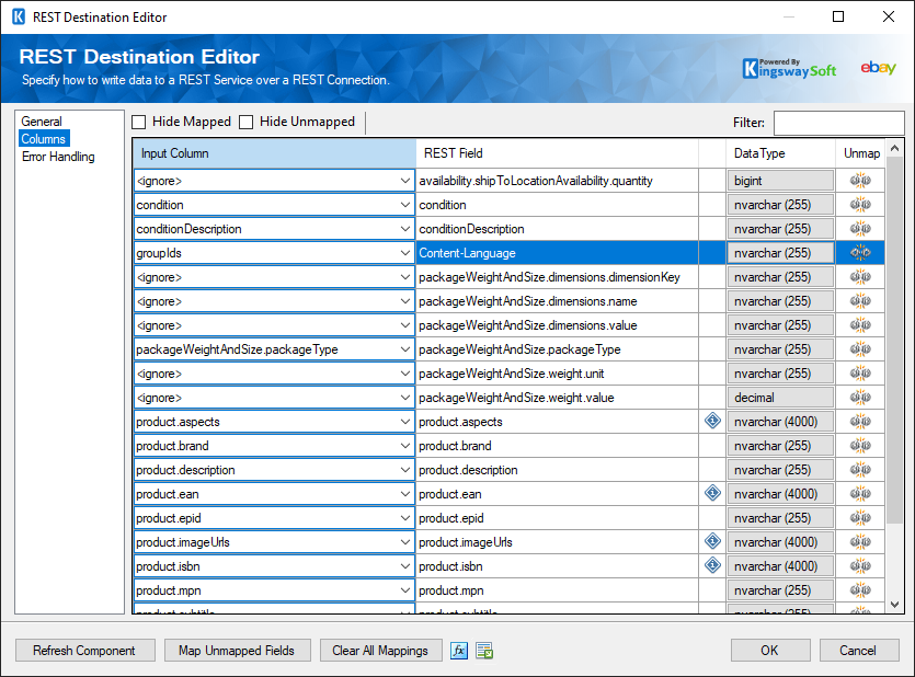 SSIS REST eBay Destination - Columns