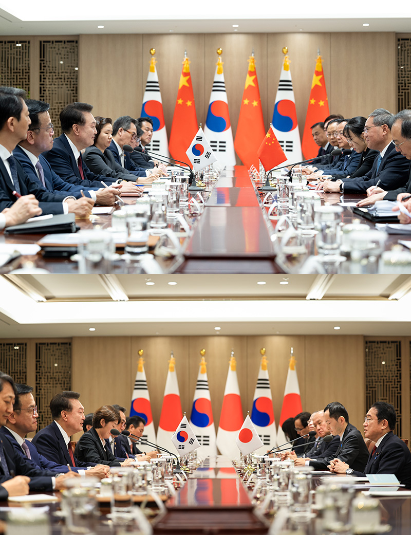 윤석열 대통령이 26일 한국 서울에서 열린 한·일·중 정상회의를 계기로 한국을 찾은 리창 중국 총리와 회담을 갖고 이어서 기시다 후미오 일본 총리와 정상회담을 가졌다. (사진=대통령실)