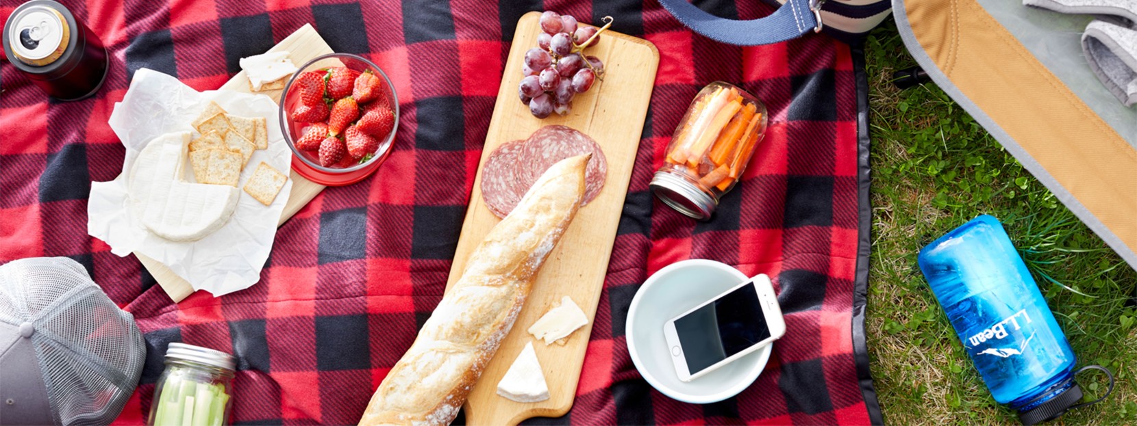 Overhead close-up of picnic spread on blanket on the grass.