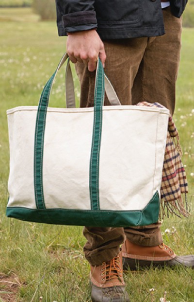 A person stands in a grassy field, holding a large white L L Bean tote bag with green straps, enjoying the outdoors.