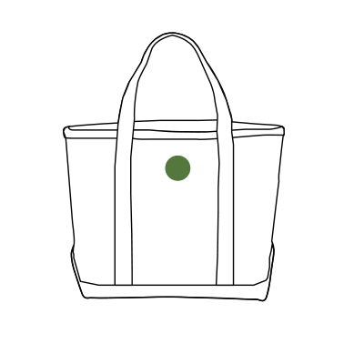 A line drawing of a tote bag with a green dot indicatiing monogram placement below the top edge and in the middle of the handle on one side of the bag.