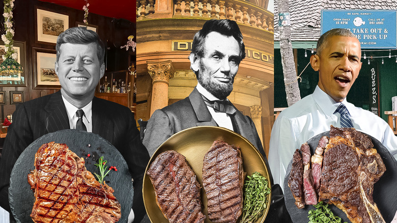 Kennedy, Lincoln, and Obama with steak dishes