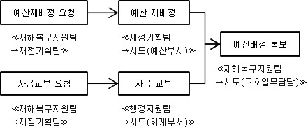 ((예산재배정 요청 → 예산 재배정) (자금교부 요청 → 자금교부)) → 예산배정 통보 