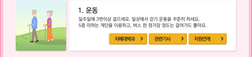 1.운동 : 일주일에 3번이상 걸으세요. 일상에서 걷기 운동을 꾸준히 하세요. 5층 이하는 계단을 이용하고, 버스 한 정거장 정도는 걸어가도 좋아