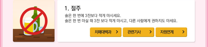 1.절주 : 술은 한 번에 3잔보다 적게 마시세요. 술은 한 번 마실 때 3잔 보다 적게 마시고, 다른 사람에게 권하지도 마세요.