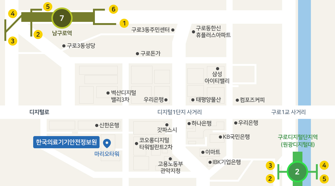 한국의료기기안전정보원 본원 찾아오시는 길: 2호선 구로디지털단지역 2, 3번 출구로 나온 후, 우체국 사거리에서 우체국 골목으로 200m 거리에 마리오타워 305호입니다.