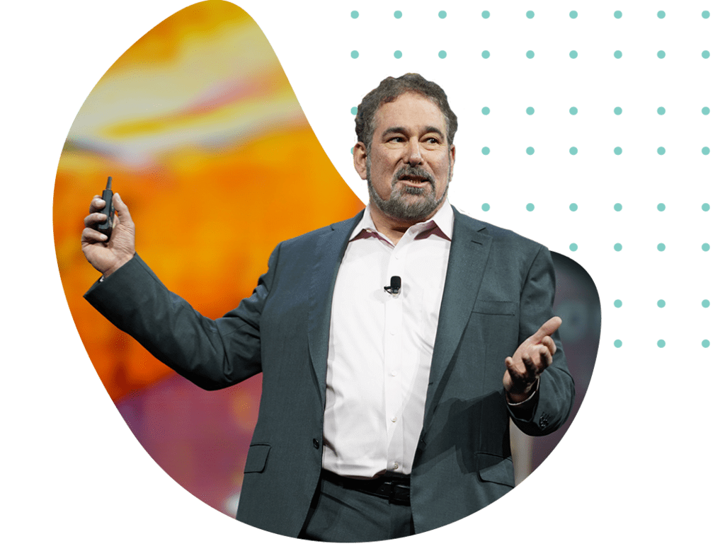 Stylized image of Pegasystems CEO Alan Trefler speaking at an event