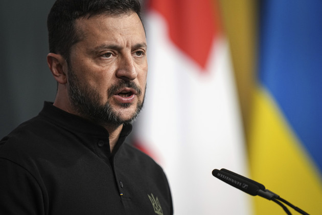 Volodymyr Zelenskyy speaks during a news conference.