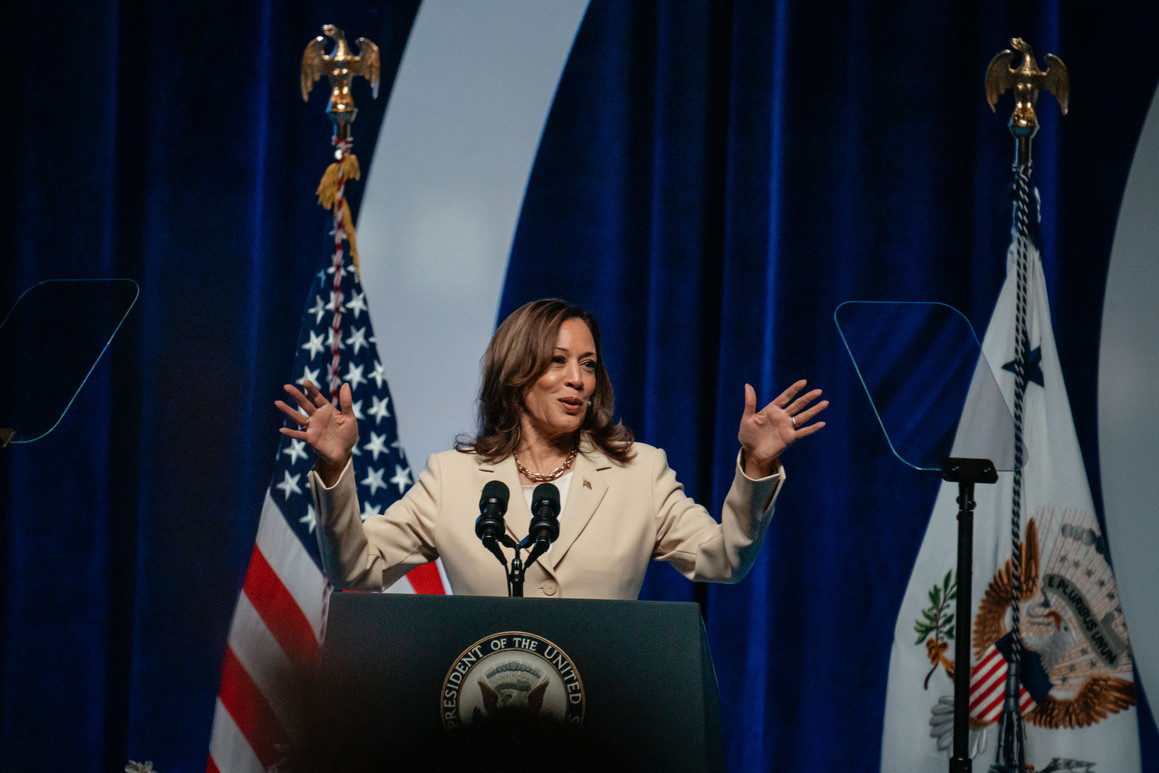 Democratic presidential candidate, U.S. Vice President Kamala Harris speaks at Black sorority Zeta Phi Beta’s Grand Boulé convention in Indianapolis.