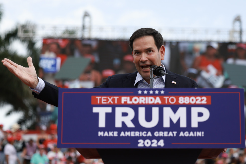  Sen. Marco Rubio speaks at a Trump rally.