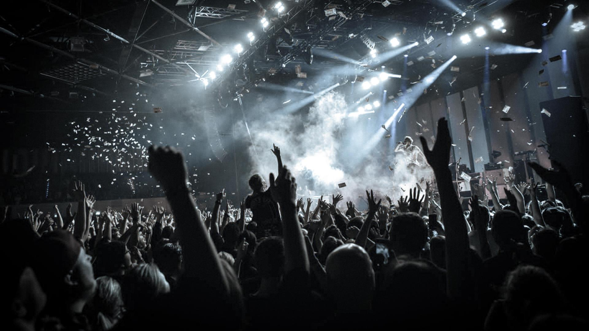 Crowd  listening to live music and celebrating the singer on stage