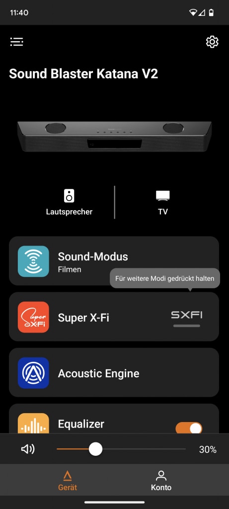 App der Creative Soundblaster Katana V2 Soundbar, erste Ansichte zur Hauptansicht