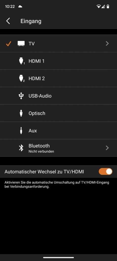 Eingänge der Creative SXFI CARRIER Soundbar in der App