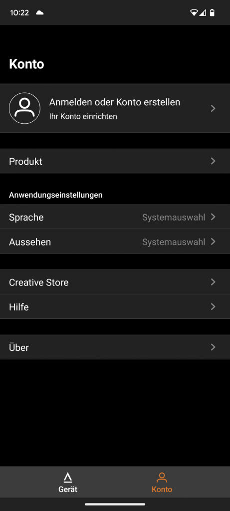 Konto der Creative SXFI CARRIER Soundbar in der App