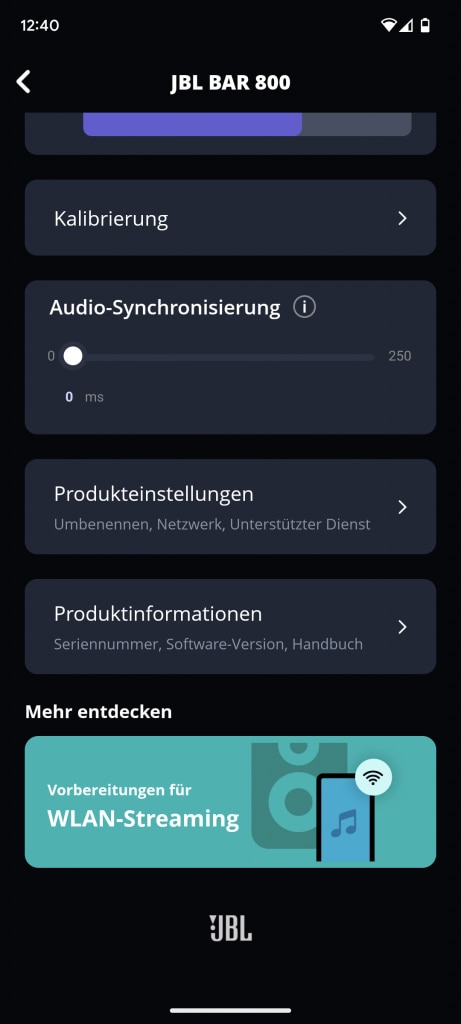 Soundeinstellungen in der App der JBL Bar 800 Soundbar, zweite Ansicht