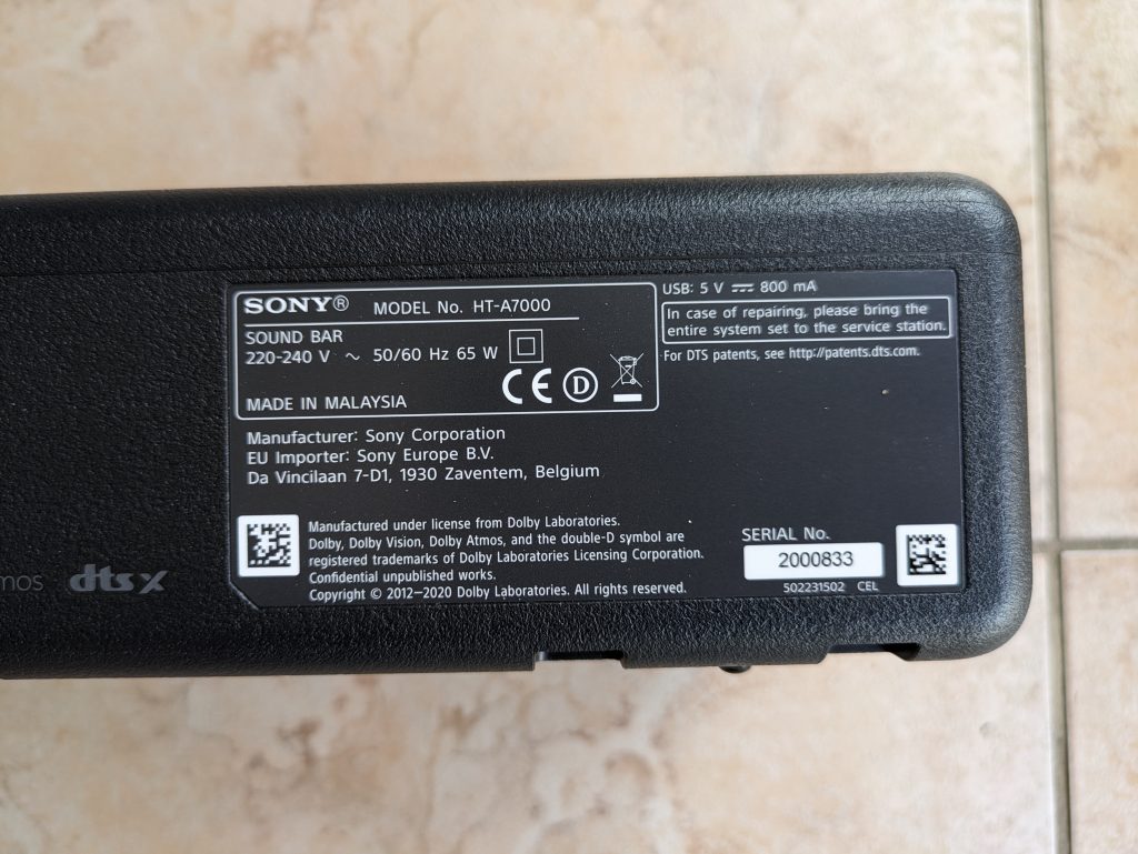 Typschild der Sony HT A7000 Soundbar