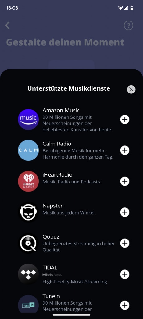 Unterstützte Musikdienste in der App der JBL Bar 800 Soundbar
