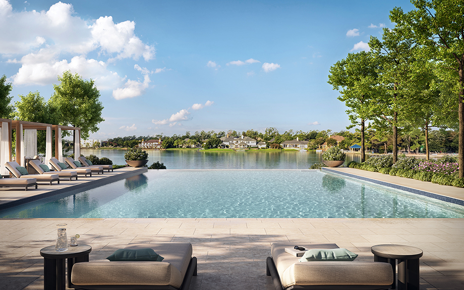 Pool area with a view overlooking the lake