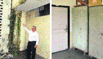 A resident showing the closed exit door (emergency door) at the DC office; and (right) the closed office of the Disaster Management Cell in Jalandhar. Tribune Photos: Malkiat Singh