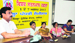 Civil Surgeon Dr RL Basan addresses a seminar on World Breast Feeding Week in Jalandhar on Monday. A Tribune Photograph