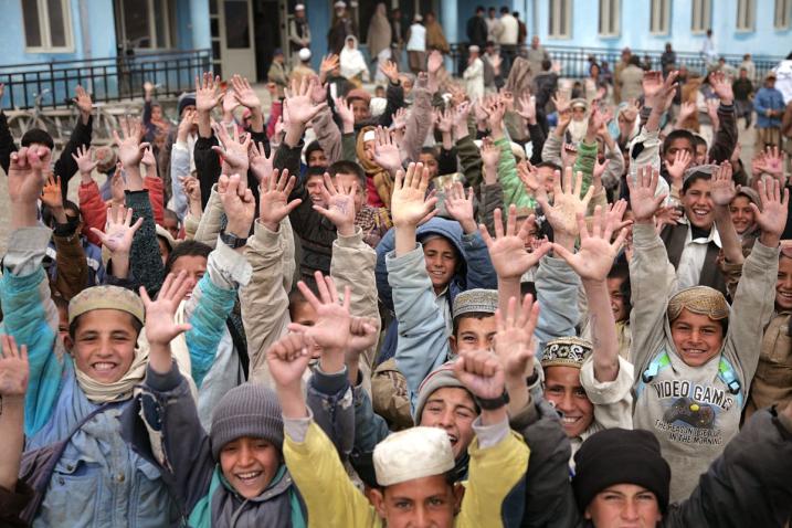 Students at Butkhak High School in Kabul, Afghanistan, cheer in unison on the last day of Global Action Week, an international campaign advocating free, quality education for all.