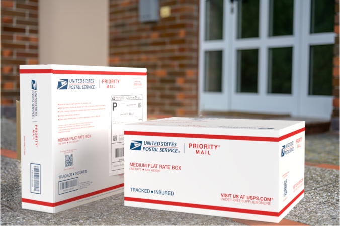 Priority Mail boxes on a house porch awaiting pickup.