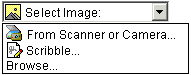 A drop-down box; main display reads 'Select Image:' with a cute icon. The drop-down itself has three items: (icon)-From Scanner or Camera...; (icon)-Scribble...; Browse...
