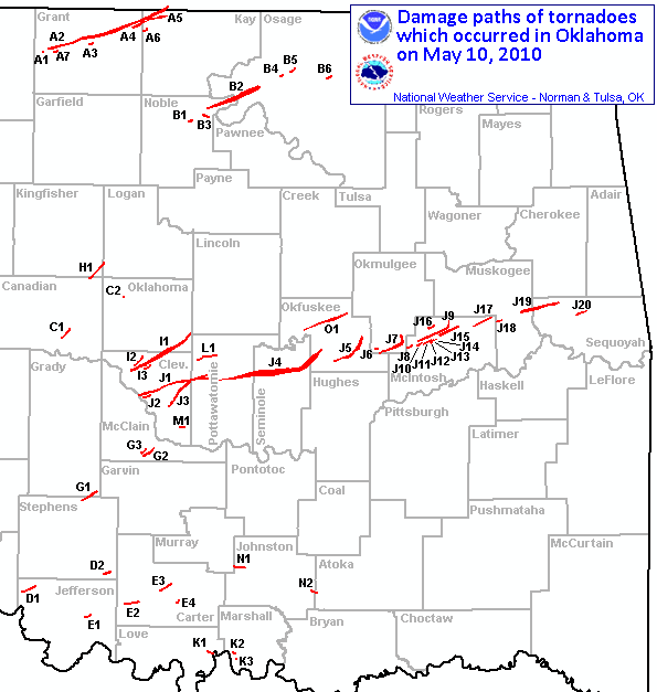 Overview Map of the May 10, 2010 Oklahoma Tornadoes