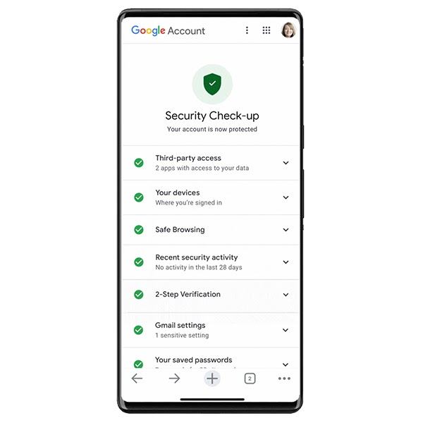 A mobile phone displays Google's Security Check-up menu. A tap expands the 2-Step Verification section.