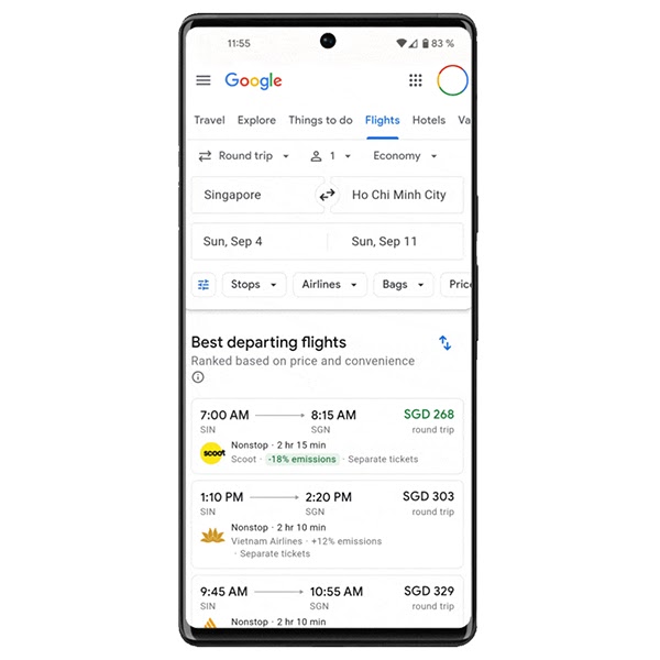 A mobile phone displays the Google Flights product and flights being filtered for low-emission only