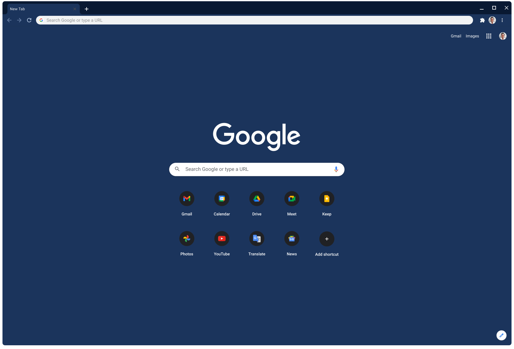 Chrome browser window displaying Google.com, using the Slate theme.