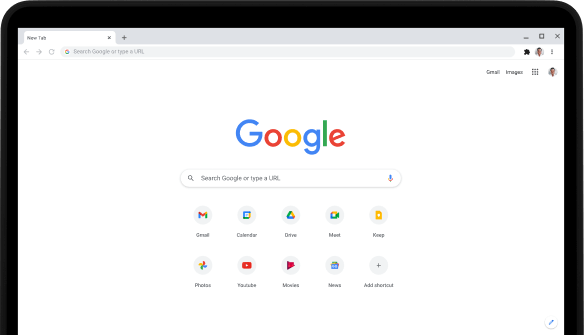 Top-left corner of a Pixelbook Go laptop with screen displaying Google.com search bar and favorite apps.