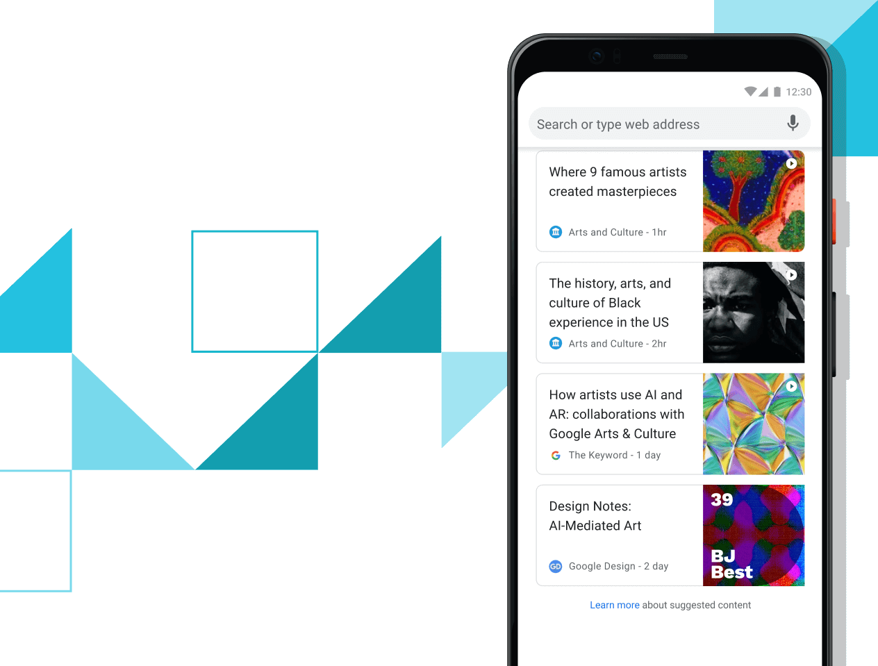 Pixel 4 XL phone with screen displaying curated article links.
